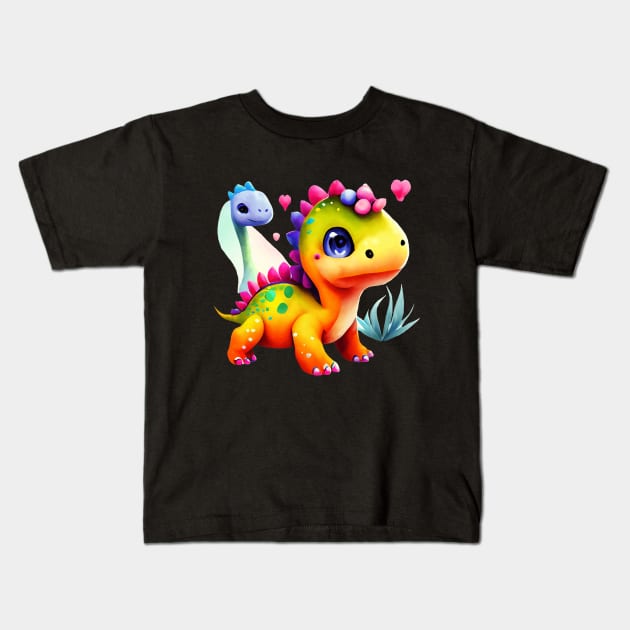 Adorable Cartoon Dinosaur with Hearts on Head Kids T-Shirt by sufian